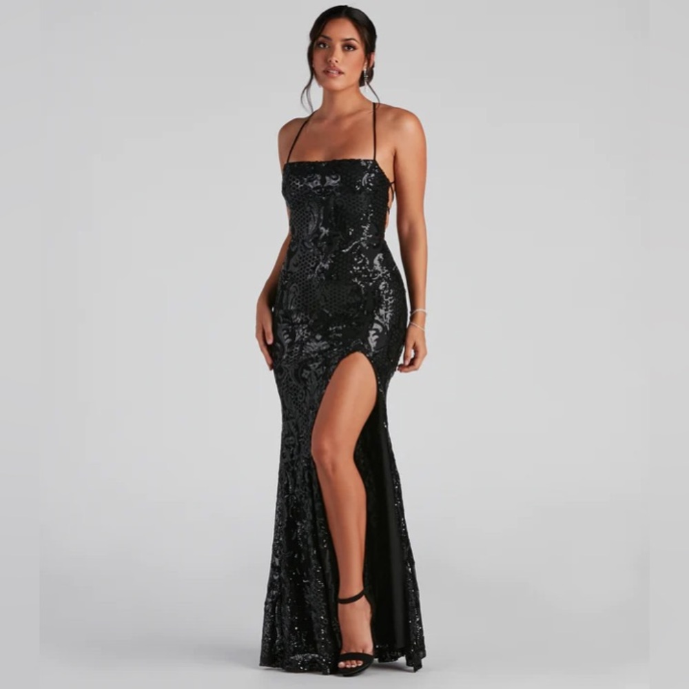 Black Sequin Mermaid Slit Dress, Formal Evening Gown from the Windsor
